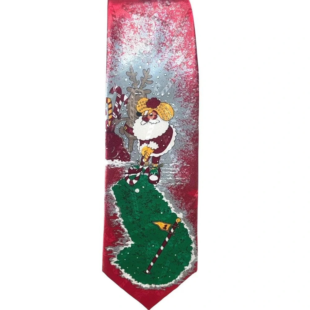 90's Hallmark‎ Santa Claus Golfing Christmas Yule Tie Greetings 100% Polyester